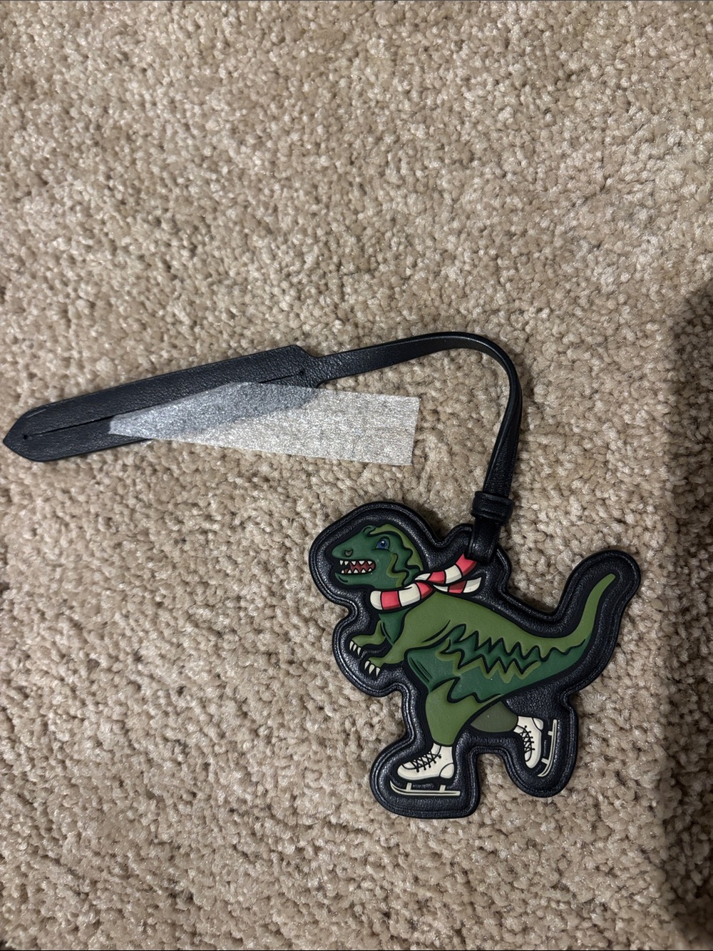 Coach Green Dinosaur Luggage Tag with Red and White Scarf